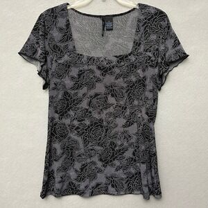 Saint Tropez West Top XL Black White Floral Rose Print Flutter Sleeve Scoop Neck